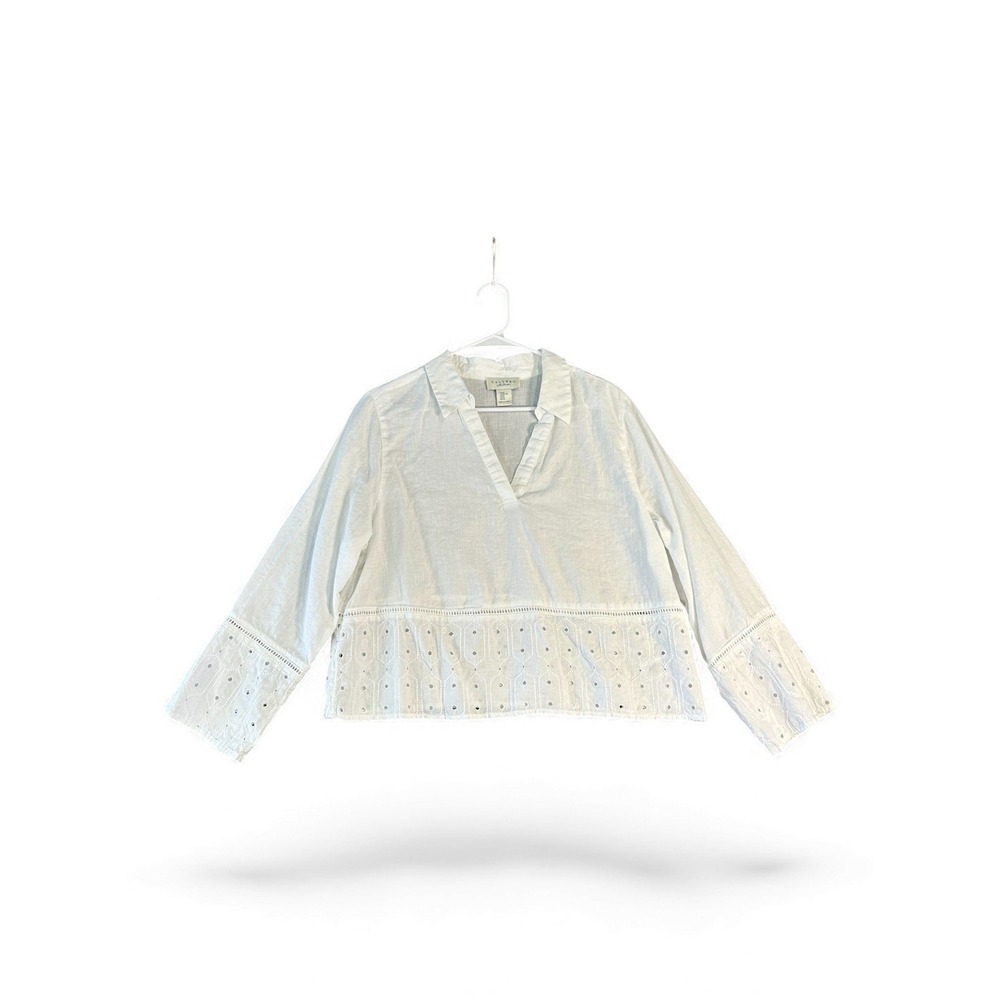 Calypso St Barth White Eyelet Cotton V Neck Long Sleeve Peasant Blouse‎ Top XS